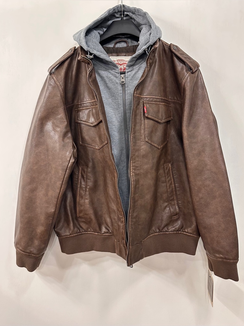 NWT Men's Levi's Faux Brown Leather Hooded Trucker Jacket Bomber Size XXL $170
